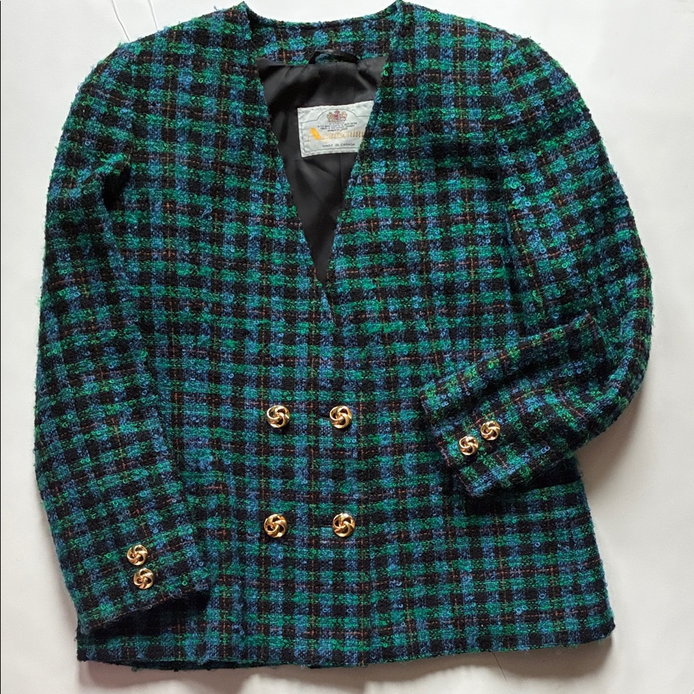 Aquascutum Vintage Boucle Wool Double Breasted Gold Buttons Large